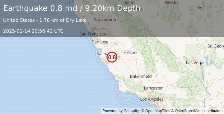 Earthquake 10 km SE of Pinnacles, CA (0.8 md) (2025-01-14 20:56:42 UTC)