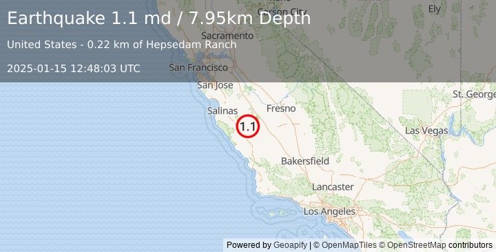 Earthquake 21 km SW of New Idria, CA (1.1 md) (2025-01-15 12:48:03 UTC)