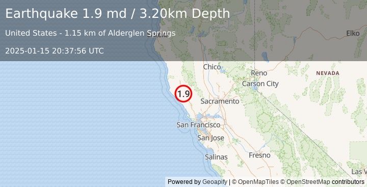 Earthquake 5 km NW of Cloverdale, CA (1.9 md) (2025-01-15 20:37:56 UTC)