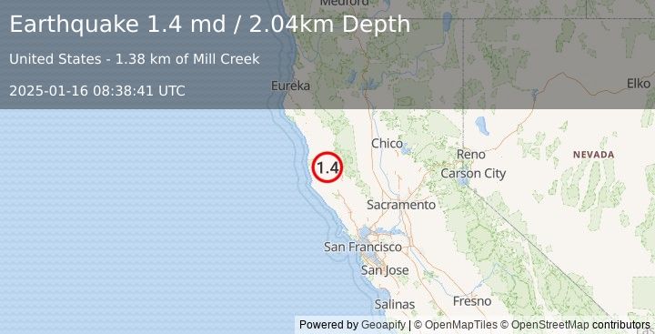 Earthquake 6 km WNW of Redwood Valley, CA (1.4 md) (2025-01-16 08:38:41 UTC)