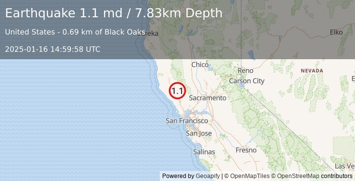 Earthquake 9 km NW of The Geysers, CA (1.1 md) (2025-01-16 14:59:58 UTC)