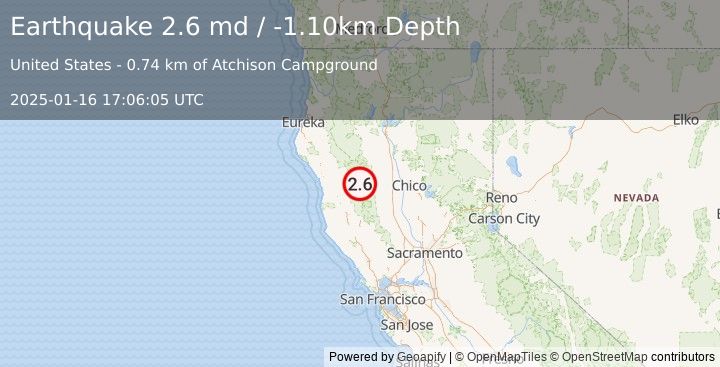 Earthquake 20 km NW of Alder Springs, CA (2.6 md) (2025-01-16 17:06:05 UTC)