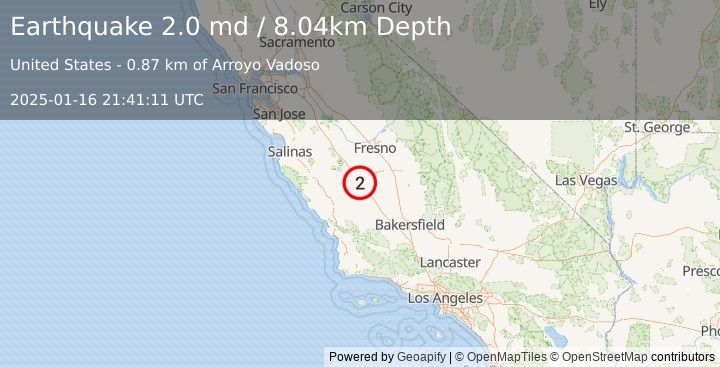 Earthquake 11 km NNE of Avenal, CA (2.0 md) (2025-01-16 21:41:11 UTC)