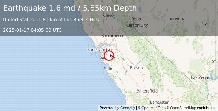 Earthquake 9 km NE of Alum Rock, CA (1.6 md) (2025-01-17 04:05:00 UTC)