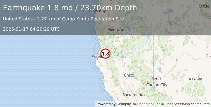 Earthquake 4 km NE of Willow Creek, CA (1.8 md) (2025-01-17 04:20:29 UTC)