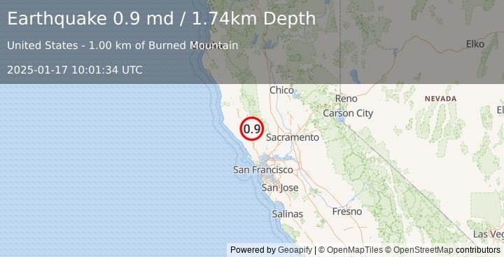 Earthquake 2 km NNW of The Geysers, CA (0.9 md) (2025-01-17 10:01:34 UTC)