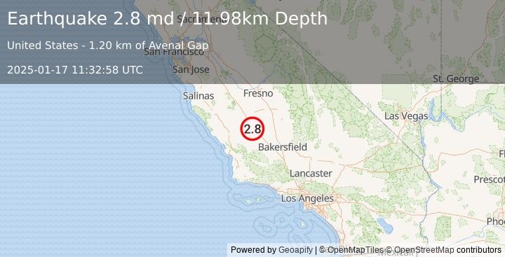 Earthquake 19 km S of Kettleman City, CA (2.8 md) (2025-01-17 11:32:58 UTC)