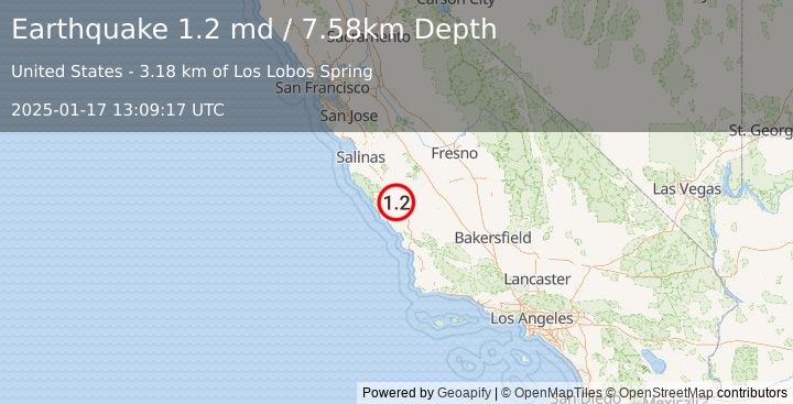 Earthquake 9 km SSW of San Ardo, CA (1.2 md) (2025-01-17 13:09:17 UTC)