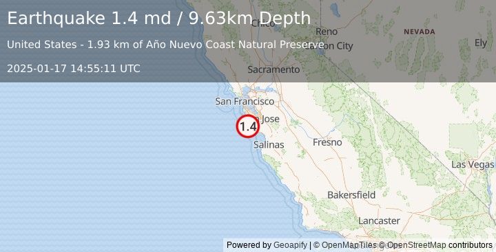 Earthquake 17 km WNW of Boulder Creek, CA (1.4 md) (2025-01-17 14:55:11 UTC)