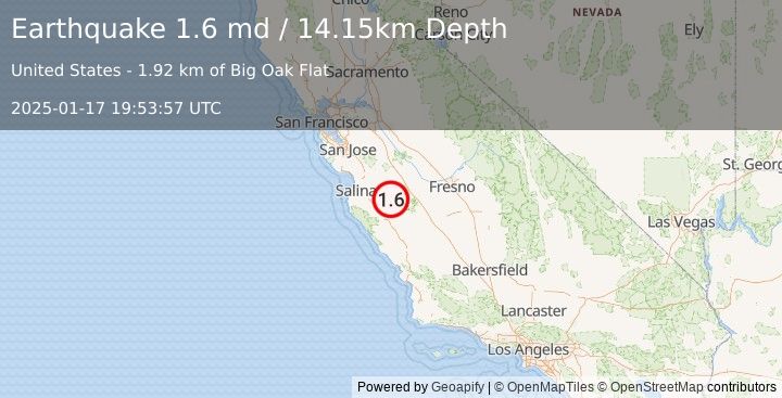 Earthquake 11 km E of Pinnacles, CA (1.6 md) (2025-01-17 19:53:57 UTC)