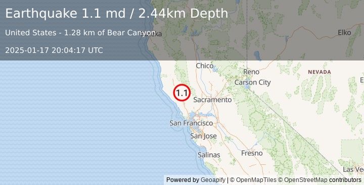 Earthquake 7 km NW of The Geysers, CA (1.1 md) (2025-01-17 20:04:17 UTC)