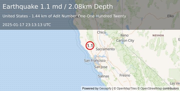 Earthquake 9 km NW of The Geysers, CA (1.1 md) (2025-01-17 23:13:13 UTC)