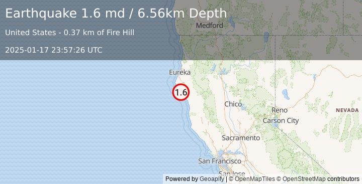 Earthquake 11 km  of Shelter Cove, CA (1.6 md) (2025-01-17 23:57:26 UTC)