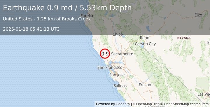 Earthquake 6 km NNE of Windsor, CA (0.9 md) (2025-01-18 05:41:13 UTC)