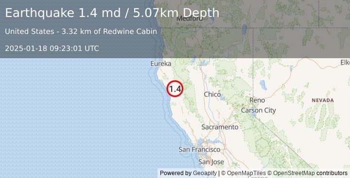 Earthquake 25 km N of Laytonville, CA (1.4 md) (2025-01-18 09:23:01 UTC)