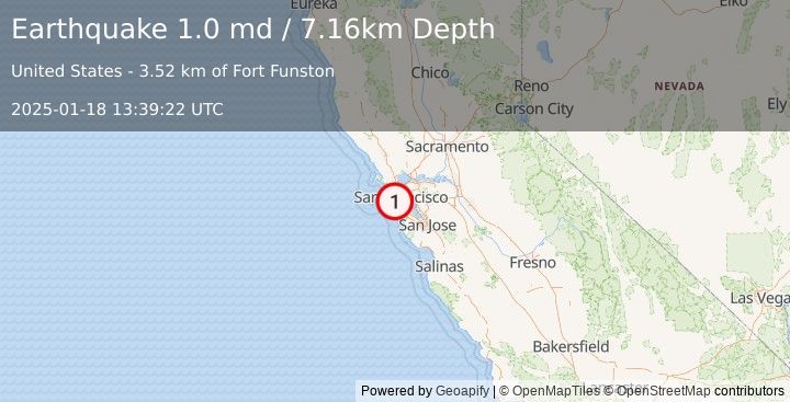 Earthquake 4 km WSW of San Francisco Zoo, CA (1.0 md) (2025-01-18 13:39:22 UTC)