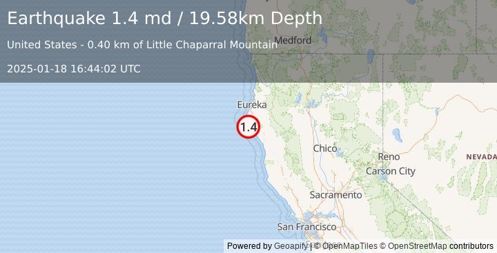 Earthquake 8 km S of Petrolia, CA (1.4 md) (2025-01-18 16:44:02 UTC)