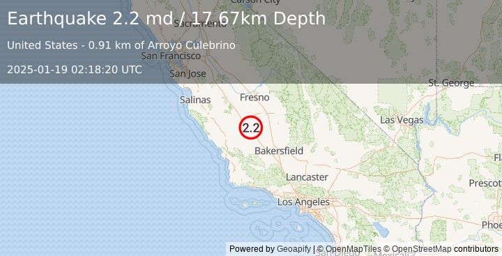 Earthquake 9 km SSE of Kettleman City, CA (2.2 md) (2025-01-19 02:18:20 UTC)