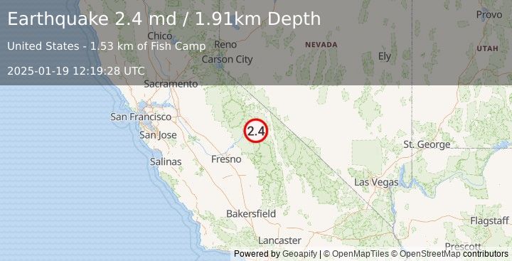 Earthquake 21 km WSW of Toms Place, CA (2.4 md) (2025-01-19 12:19:28 UTC)