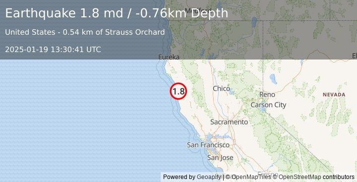 Earthquake 13 km SSE of Cape Vizcaino, CA (1.8 md) (2025-01-19 13:30:41 UTC)