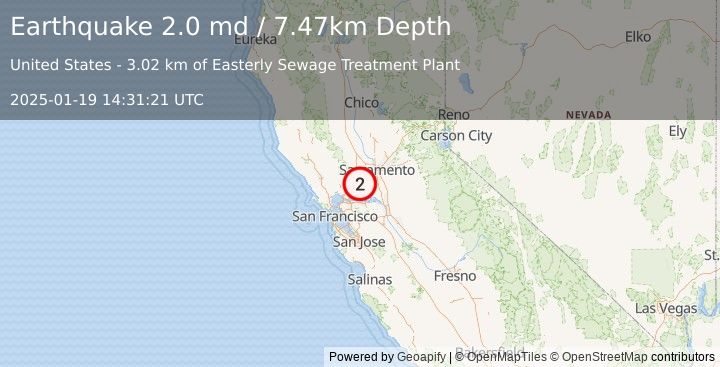 Earthquake 3 km ESE of Elmira, CA (2.0 md) (2025-01-19 14:31:21 UTC)