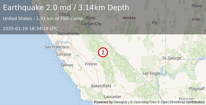 Earthquake 22 km WSW of Toms Place, CA (2.0 md) (2025-01-19 16:34:18 UTC)