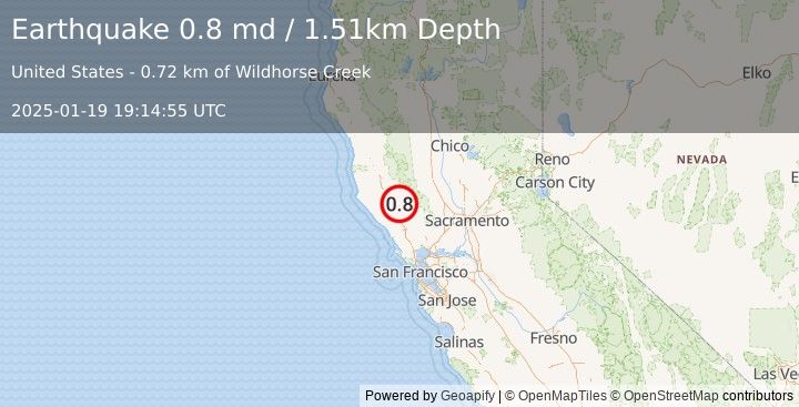 Earthquake 9 km NW of The Geysers, CA (0.8 md) (2025-01-19 19:14:55 UTC)