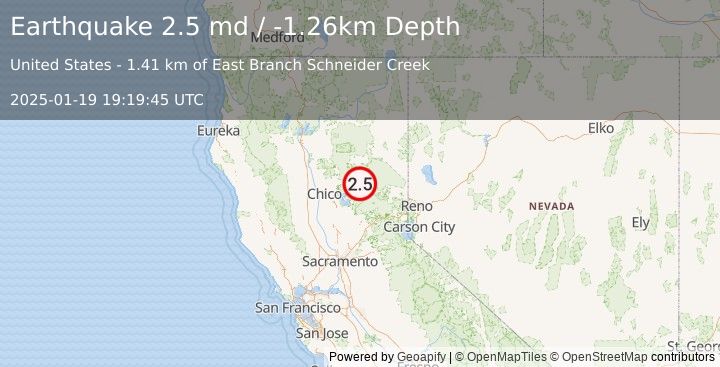 Earthquake 4 km S of Meadow Valley, CA (2.5 md) (2025-01-19 19:19:45 UTC)