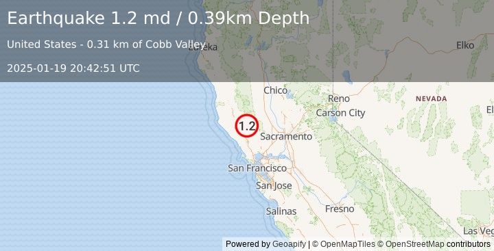 Earthquake 4 km NNW of Cobb, CA (1.2 md) (2025-01-19 20:42:51 UTC)