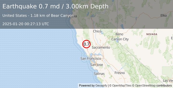 Earthquake 7 km NW of The Geysers, CA (0.7 md) (2025-01-20 00:27:13 UTC)