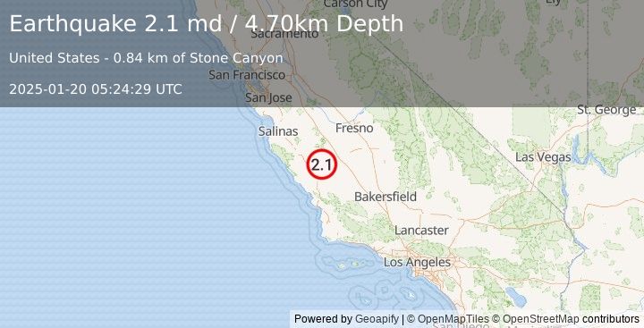 Earthquake 19 km NNW of Parkfield, CA (2.1 md) (2025-01-20 05:24:29 UTC)