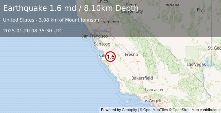 Earthquake 15 km NW of Pinnacles, CA (1.6 md) (2025-01-20 08:35:30 UTC)