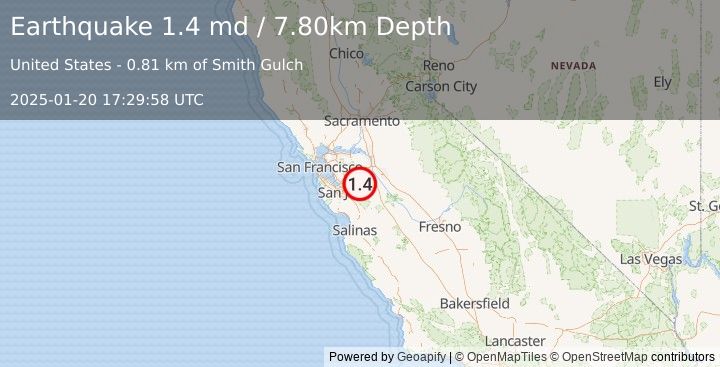 Earthquake 29 km ENE of Alum Rock, CA (1.4 md) (2025-01-20 17:29:58 UTC)