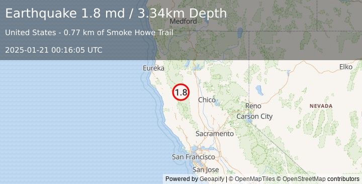 Earthquake 32 km ENE of Covelo, CA (1.8 md) (2025-01-21 00:16:05 UTC)