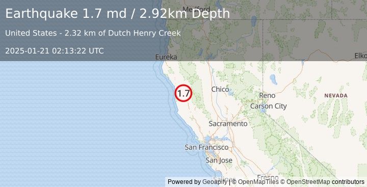 Earthquake 13 km SSE of Laytonville, CA (1.7 md) (2025-01-21 02:13:22 UTC)