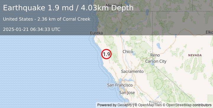 Earthquake 13 km SSE of Laytonville, CA (1.9 md) (2025-01-21 06:34:33 UTC)