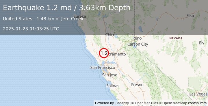 Earthquake 13 km ENE of Angwin, CA (1.2 md) (2025-01-23 01:03:25 UTC)