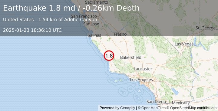 Earthquake 7 km ESE of Atascadero, CA (1.8 md) (2025-01-23 18:36:10 UTC)