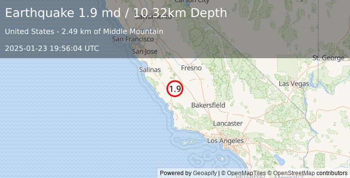 Earthquake 11 km NW of Parkfield, CA (1.9 md) (2025-01-23 19:56:04 UTC)