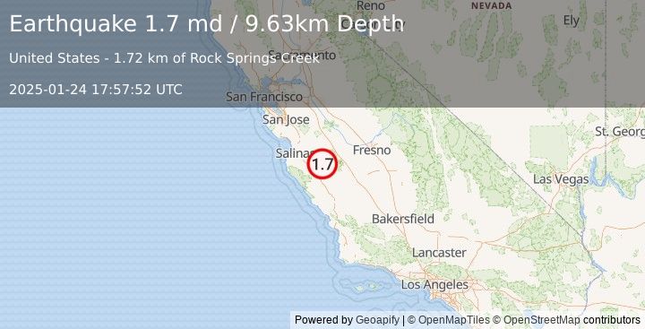 Earthquake 16 km SE of Pinnacles, CA (1.7 md) (2025-01-24 17:57:52 UTC)