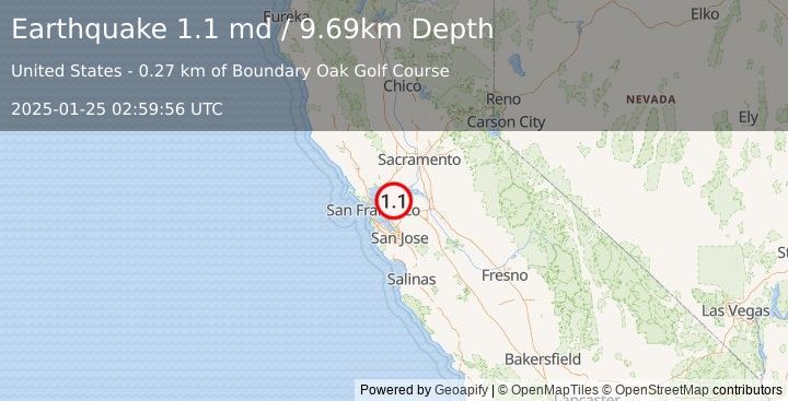 Earthquake 5 km S of Concord, CA (1.1 md) (2025-01-25 02:59:56 UTC)