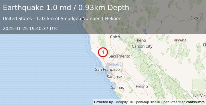 Earthquake 2 km N of The Geysers, CA (1.0 md) (2025-01-25 19:40:37 UTC)