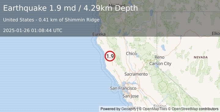 Earthquake 15 km SSE of Laytonville, CA (1.9 md) (2025-01-26 01:08:44 UTC)