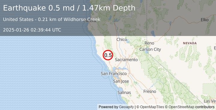 Earthquake 10 km NW of The Geysers, CA (0.5 md) (2025-01-26 02:39:44 UTC)