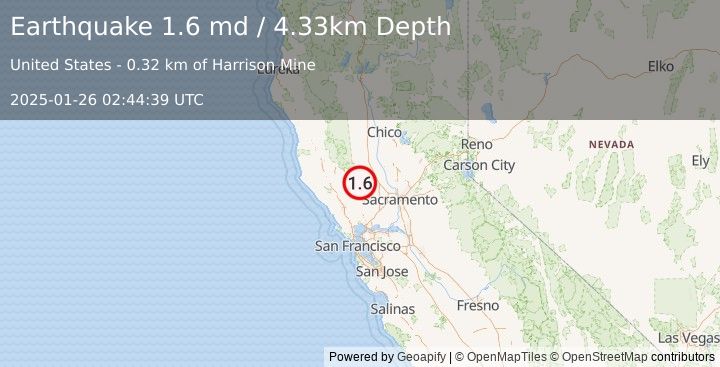 Earthquake 17 km E of Hidden Valley Lake, CA (1.6 md) (2025-01-26 02:44:39 UTC)