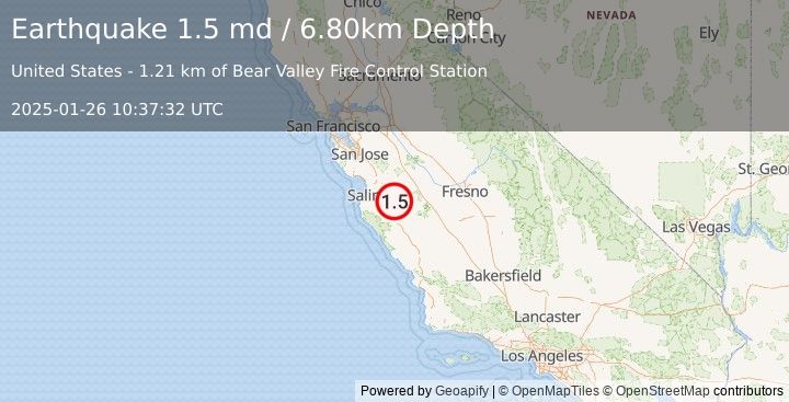 Earthquake 7 km NNW of Pinnacles, CA (1.5 md) (2025-01-26 10:37:32 UTC)