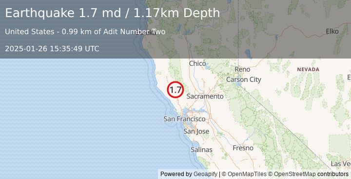 Earthquake 7 km NW of The Geysers, CA (1.7 md) (2025-01-26 15:35:49 UTC)