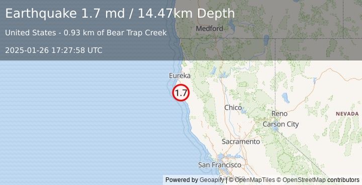 Earthquake 18 km SE of Petrolia, CA (1.7 md) (2025-01-26 17:27:58 UTC)