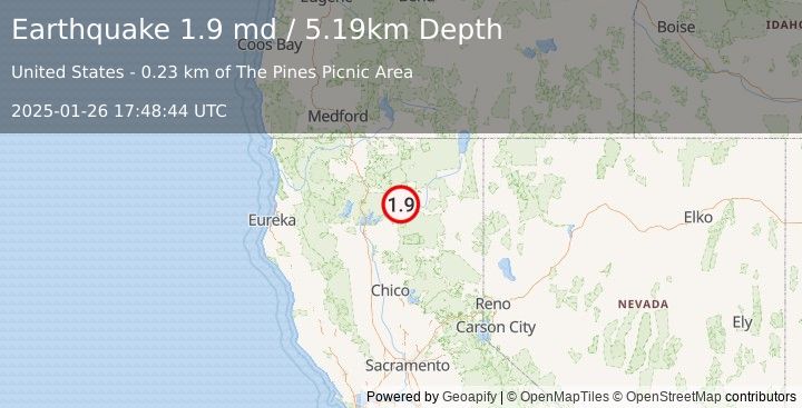 Earthquake 16 km WNW of Fall River Mills, CA (1.9 md) (2025-01-26 17:48:44 UTC)