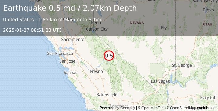 Earthquake 10 km E of Mammoth Lakes, CA (0.5 md) (2025-01-27 08:51:23 UTC)